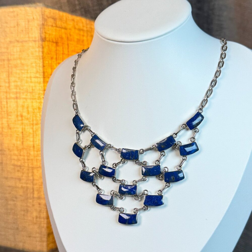 Vintage Sterling & Lapis Lazuli Bib Necklace